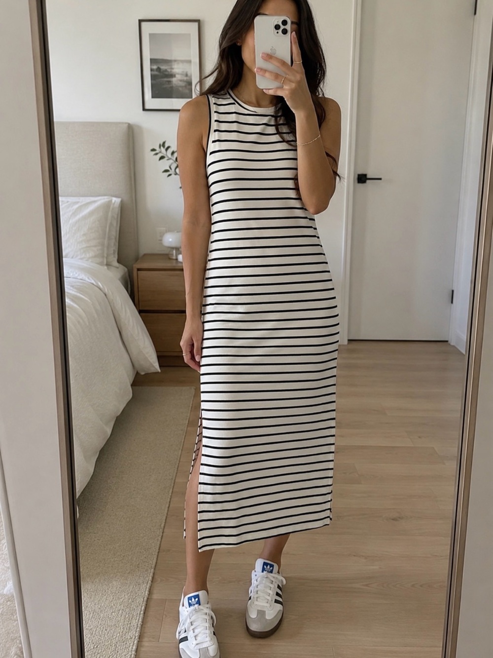 Banana Republic Black & White Striped Sleeveless Midi Dress